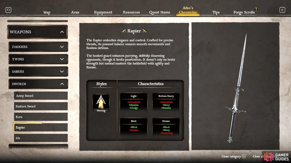 The Rapier is the Parry weapon of Swords.
