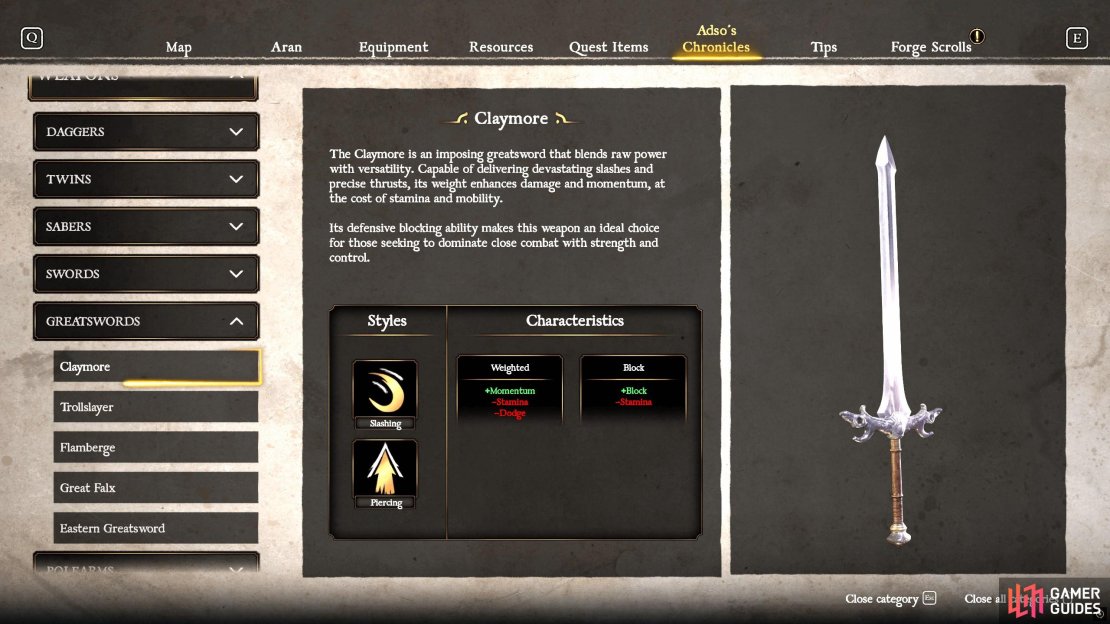 The Claymore is the first greatsword you’ll obtain. A bit on the slow side, but it offers great defensive ability with respectable damage.