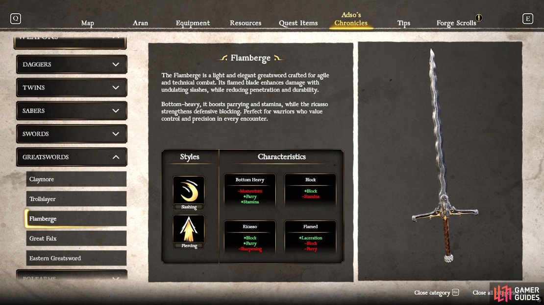 The Flamberge is a parrying monster while also having a great blocking stat, making it a great defensive weapon.