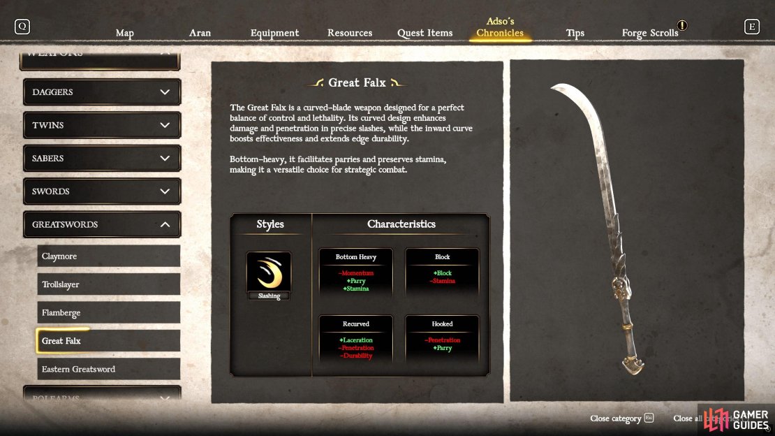 The Great Falx gives you quick horizontal slashing attacks that can take enemies down before they get a chance to attack you.