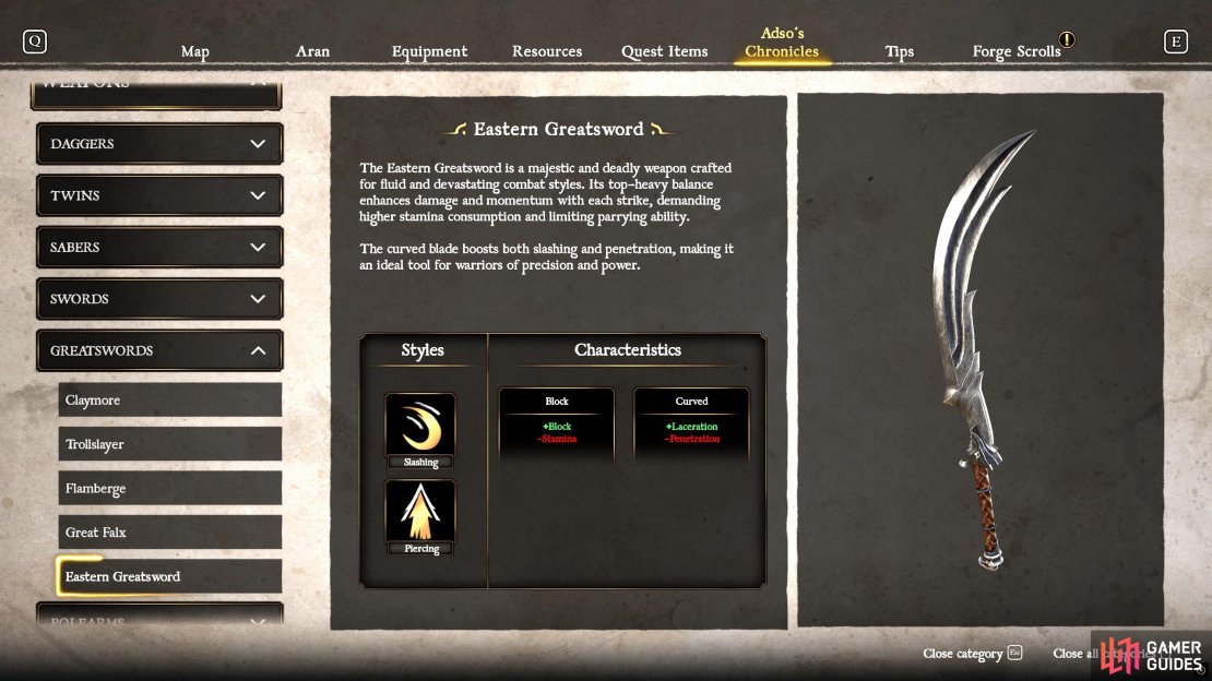 The Eastern Greatsword will give you quick high damaging slashes at the cost of poor parrying and high stamina cost.