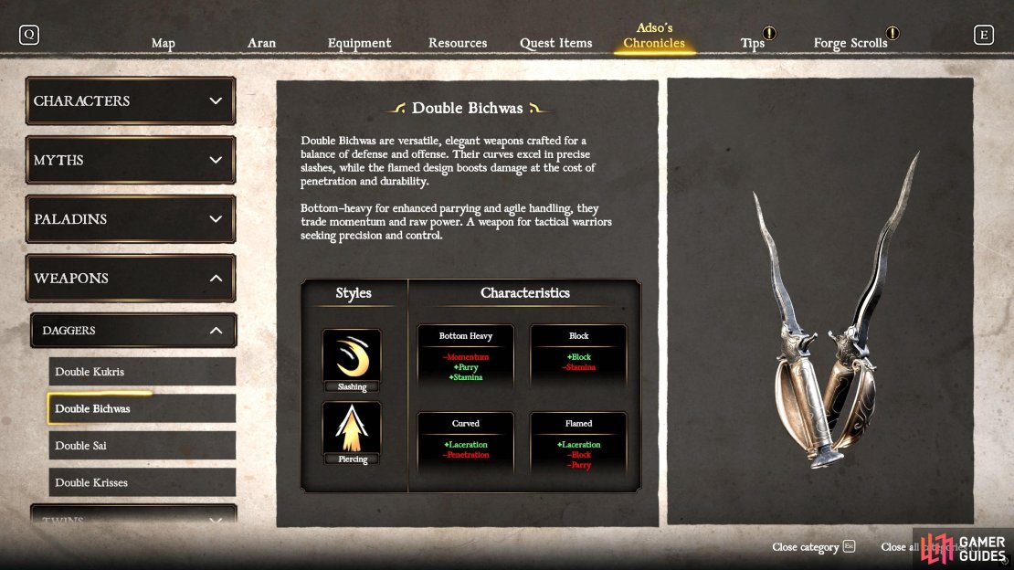 The Double Bichwas are a weapon balanced for offense and defense.