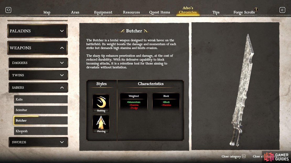 The Butcher is a powerhouse of a weapon that favors piercing attacks due to its sharp tip. However, don’t expect to defend too much with this weapon.
