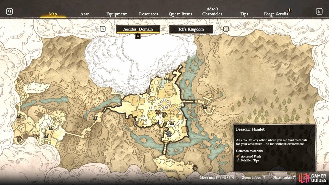 When you hover over a specific part of the map, it’ll display the common materials that you’ll find there.