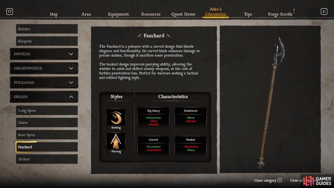 The Fauchard is a great defensive style Spear, serving as an excellent parrying weapon.