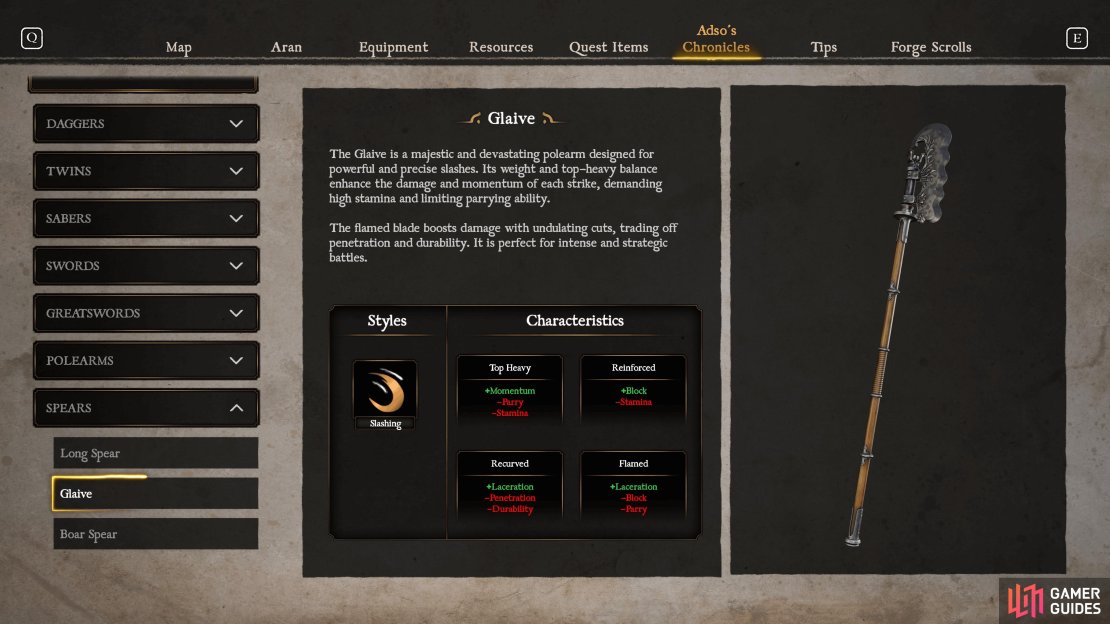 The Glaive is one of the more powerful Spears, sacrificing Piercing damage in the process.