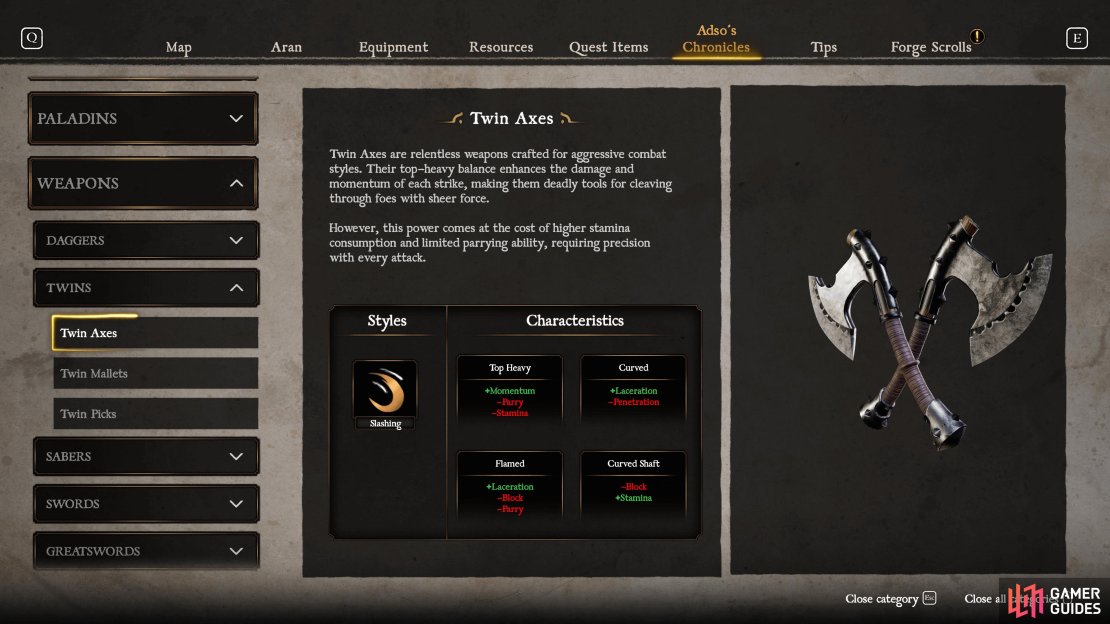 The Twin Axes deal heavy damage at the expense of high Stamina consumption.