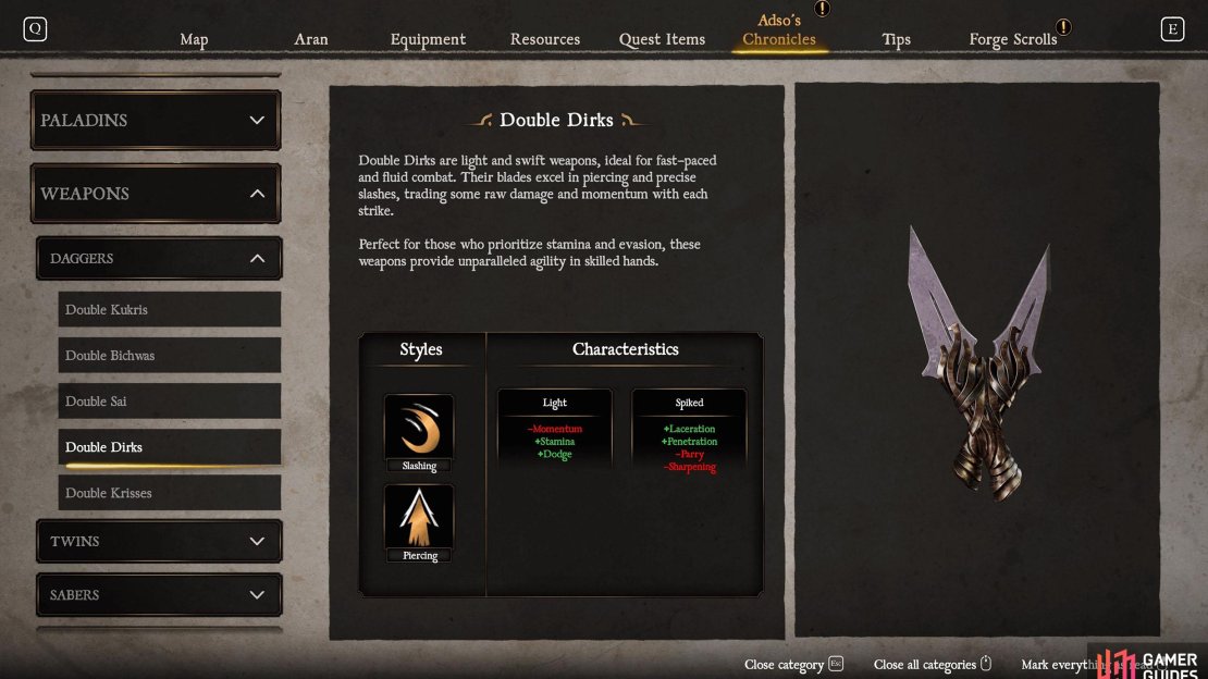 The Double Dirks have bonuses to Slashing and Piercing, making them rather unique.