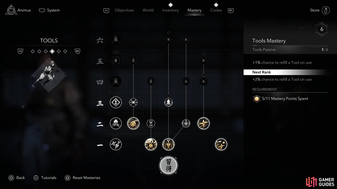 The Tools Mastery category are focused on Naoe’s Shinobi tools.