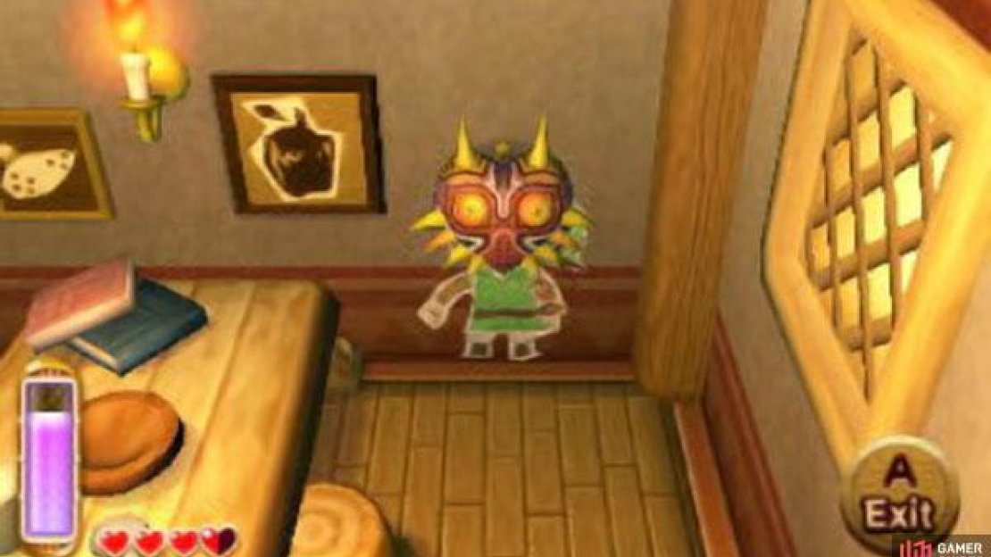 Easter Egg: If you head back to your house/Ravio’s house (delete as applicable); merge into the right-hand wall and you’ll appear to be wearing a rather familiar mask…  Perhaps there’s pictures you can do this to in other peoples houses…