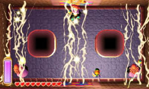 His painting attacks for reference: Yellow: Lines of lightning fill most of the room. To avoid, run for the area where there’s no lightning or merge into the wall; it’s easier to do the latter. Green: Three enemy soldiers will emerge from the wall to harass Link. When angry, four strong soldiers will appear. Stun them with the Hammer or Tornado Rod and hack them to bits. If cornered, merge into the wall to escape. Red: Fireballs cycle around the whole perimeter of the room. Just stay in the middle to avoid.