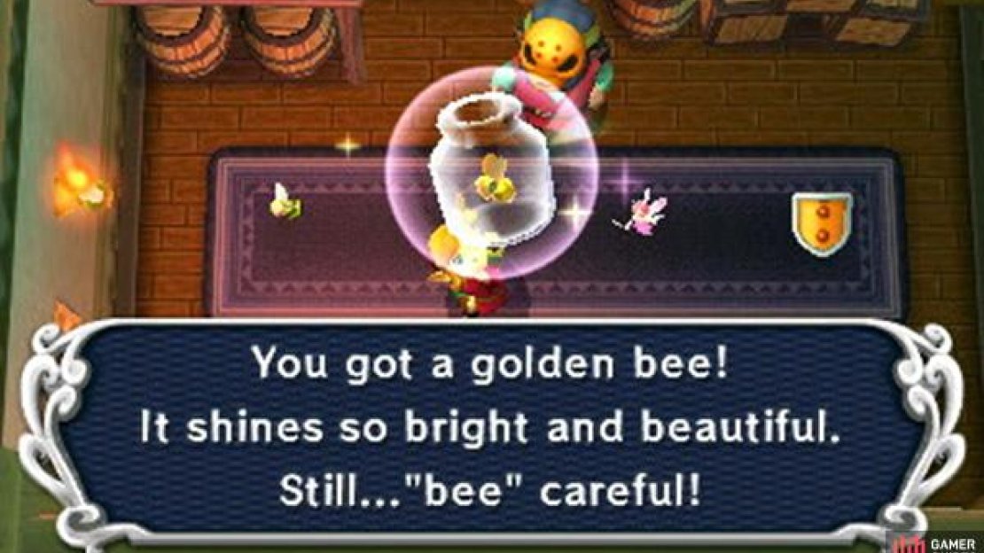 Why the heck would you buy the Golden Bee for 9999 rupees? To empty your pockets of course! Once you have 9999 rupees and obtained everything in the game, you can buy the Golden Bee to set your rupee count to zero, so you can collect more rupees (for example, from Treacherous Tower or StreetPass). Why would you want more rupees? There’s a rupee counter at the end of the game, which counts up to 99,999 rupees.