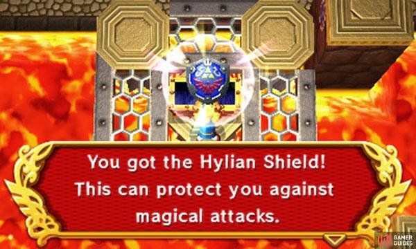 Next (B1 centre), merge into the wall immediately to the right. Walk right until you&rsquo;re behind the long metal platform, then emerge to push it, creating a bridge below. Go down, across the bridge, and at the end, drop down to the left to reach the big chest&ndash;inside is the Hylian Shield.