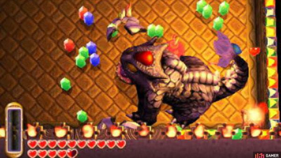 This guy is basically a massive Helmasaur; unlike the little guys, he’s much tougher to take down though. At the beginning, keep your distance as the boss stampedes around the room. If the boss gets too close, merge into the wall to avoid getting hit.