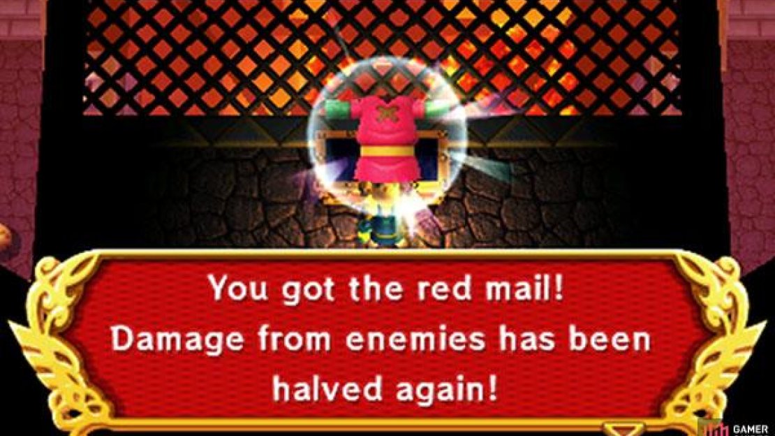 Put out the torches next to the central chest and the way will be revealed, literally. Just below are two narrow glow-in-the-dark platforms, tight ropes even. Carefully make your way down and open the big chest at the end to claim the Red Mail! This awesome clothing further reduces enemy damage to half that of the Blue Mail!