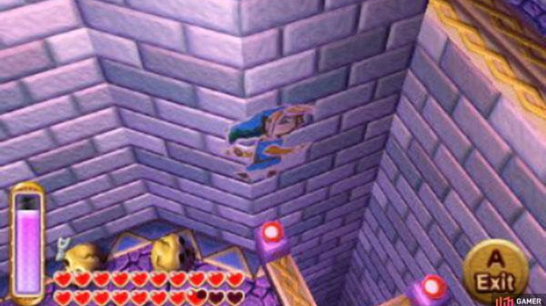 You can drop down here by merging into the wall at the top of the stairs behind you. From here, merge into the wall in the lower level and walk left until you reach the door. Inside you’ll find a few very friendly and health-inspiring Fairies to use/place in a bottle.