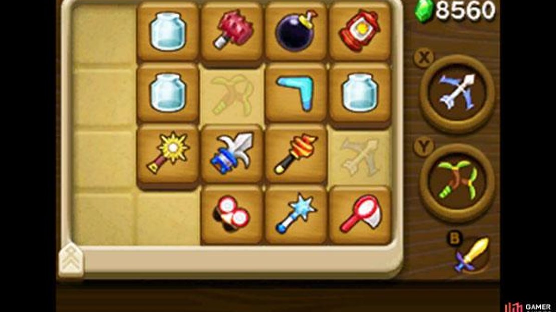 Items can be equipped to the X or Y button from the Item tab on the bottom screen. When you’re controlling Link, press the X or Y button to use the items equipped to those buttons.
