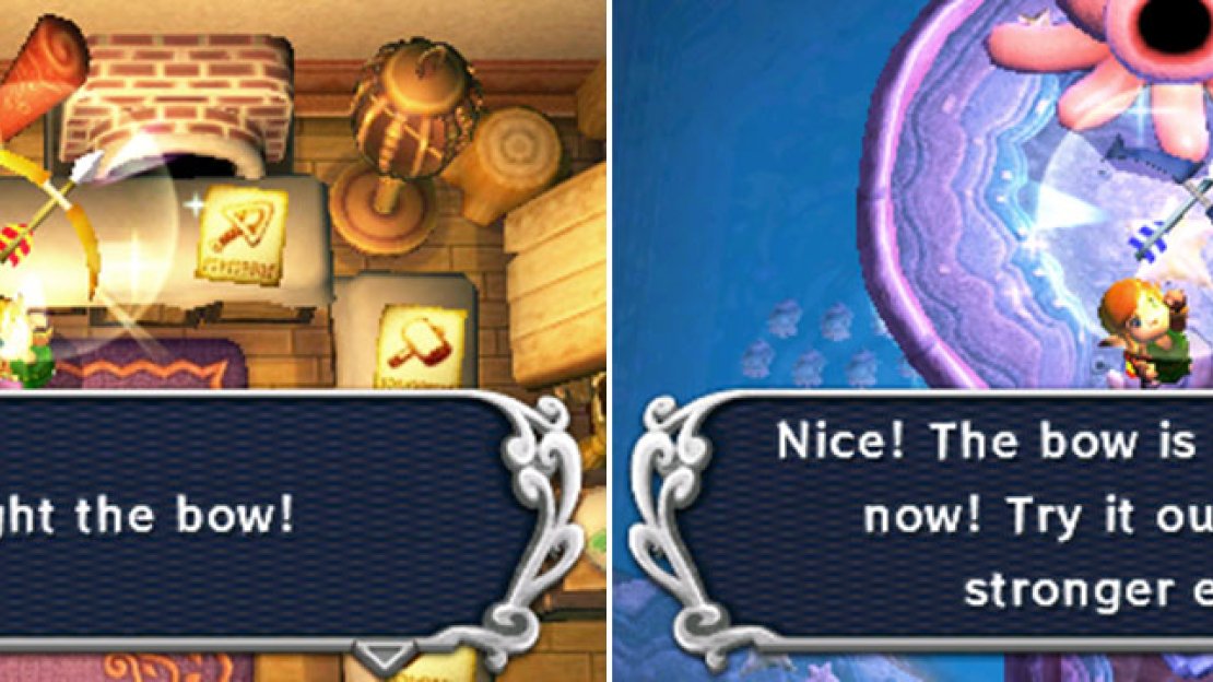 Obtained: From Ravio after getting stuck in front of the Eastern Palace area.  Rent fee: 50 Rupees  Purchase fee: 800 Rupees  Upgrade and how: Nice Bow (Mother Maimai)
