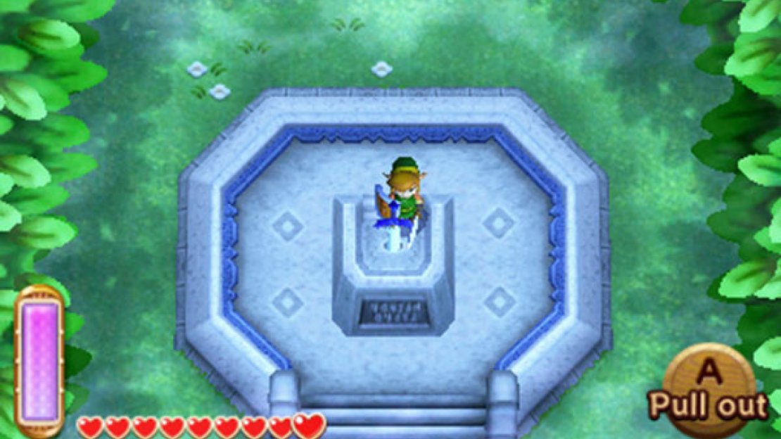 Triumph the Poes’ challenge and you’ll emerge into a quiet clearing. Go ahead to find the pedestal with the Master Sword; walk up the stairs and around the back of the Master Sword. Then press A and Link will pull out the Master Sword.