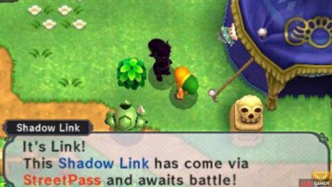 Once you’ve successfully StreetPassed somebody, a signpost will appear in the field below Gramps. Check the signpost to view the Shadow Link’s bounty and location. Then it’s just a matter of heading to the location and looking for an ominous, shadowy Link casually standing around. Speak with the Shadow Link and you’ll be given the choice to fight him.