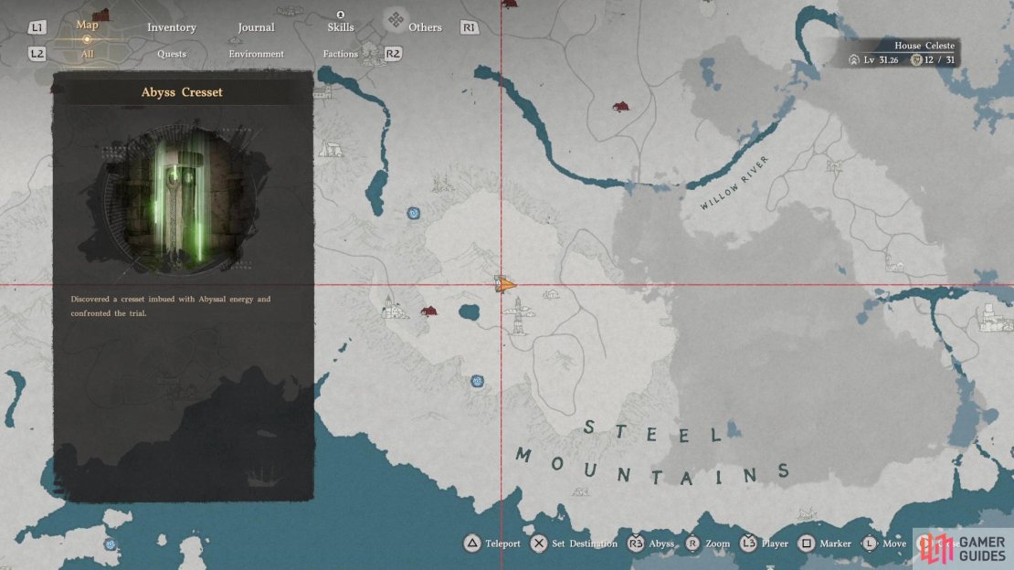 You’ll find the Steel Mountains Ruins northwest of the “Steel Mountains” text on the map, near the Spire of Insight.