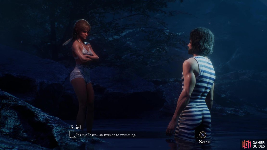 The most straight-forward relationship in the game, no encounter necessary. The only thing particularly noteworthy about the relationship with Sciel is that you get some swimsuits out of it.