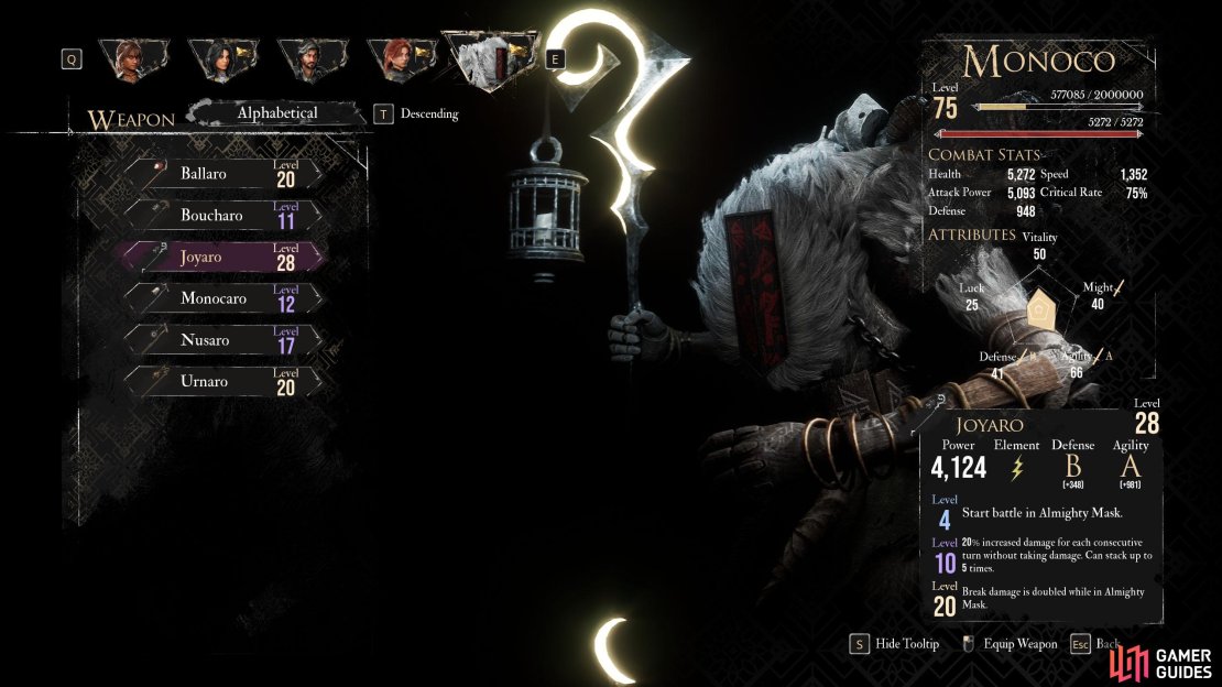 Monoco wields a Staff-like Lamp weapon that allows him to briefly shapeshift to perform his skills.