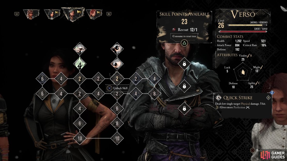 Verso’s best skills cost 8-10 Skill Points, so you’ll need to wait a while before you can grab them.