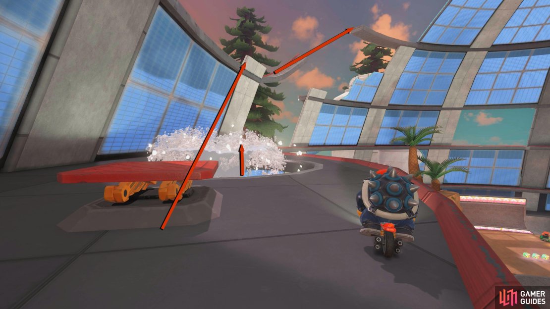 Use the rails and ramps (geyser) to reach the upper levels of the Dino Dino Lab. You can use the spring by the geyser to bypass some rail switching.
