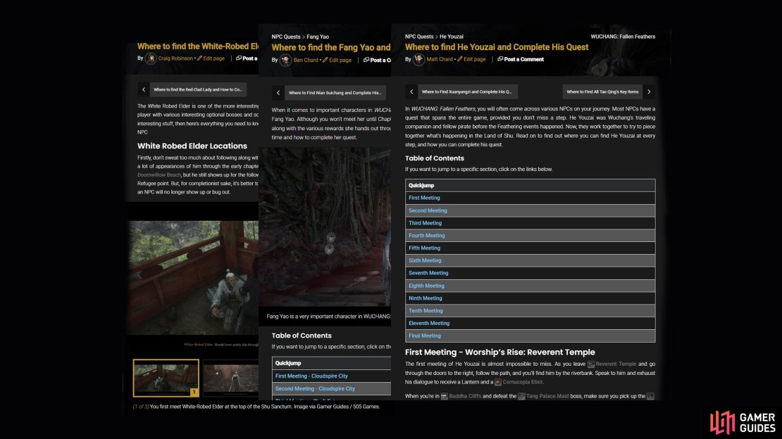 Follow our NPC guides to make sure you’re up-to-date with Fang Yao, He Youzai, and the White-Robed Elder.