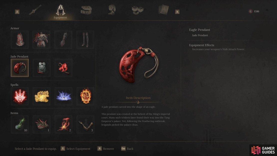 The Eagle Pendant is especially good for the Spear as it’ll increase your Stab damage.