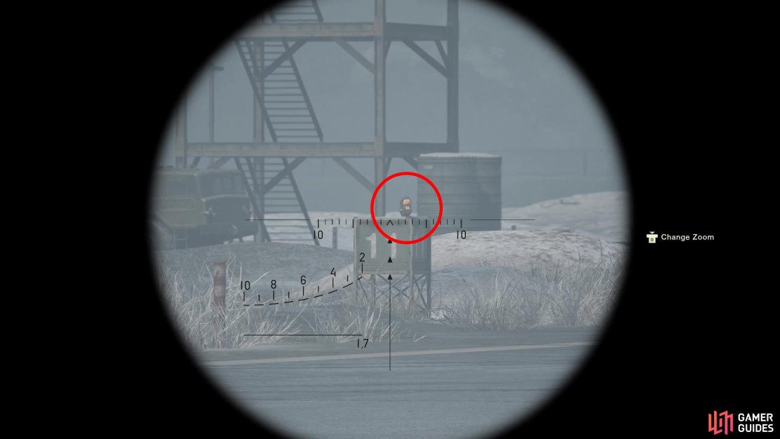 On the Groznyj Grad Runway screen of the Eva chase sequence, aim ahead and to the left to spot this GA-KO on the “11” sign just off the runway. Use the SVD to take shots at it and reload if you don’t hit it.