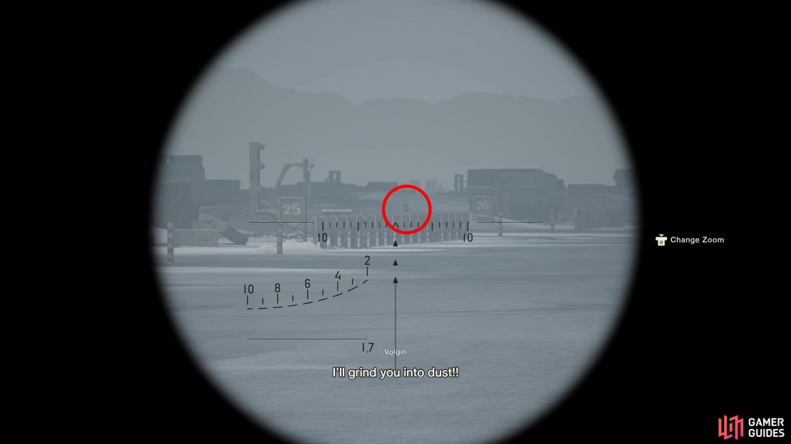 On the second screen of the Groznyj Grad Runway area during the Eva chase sequence, aim ahead and to the right to spot the silhouette of this GA-KO on a guardrail between the “25” and “26” markers. Again, use the SVD for your best odds of success.