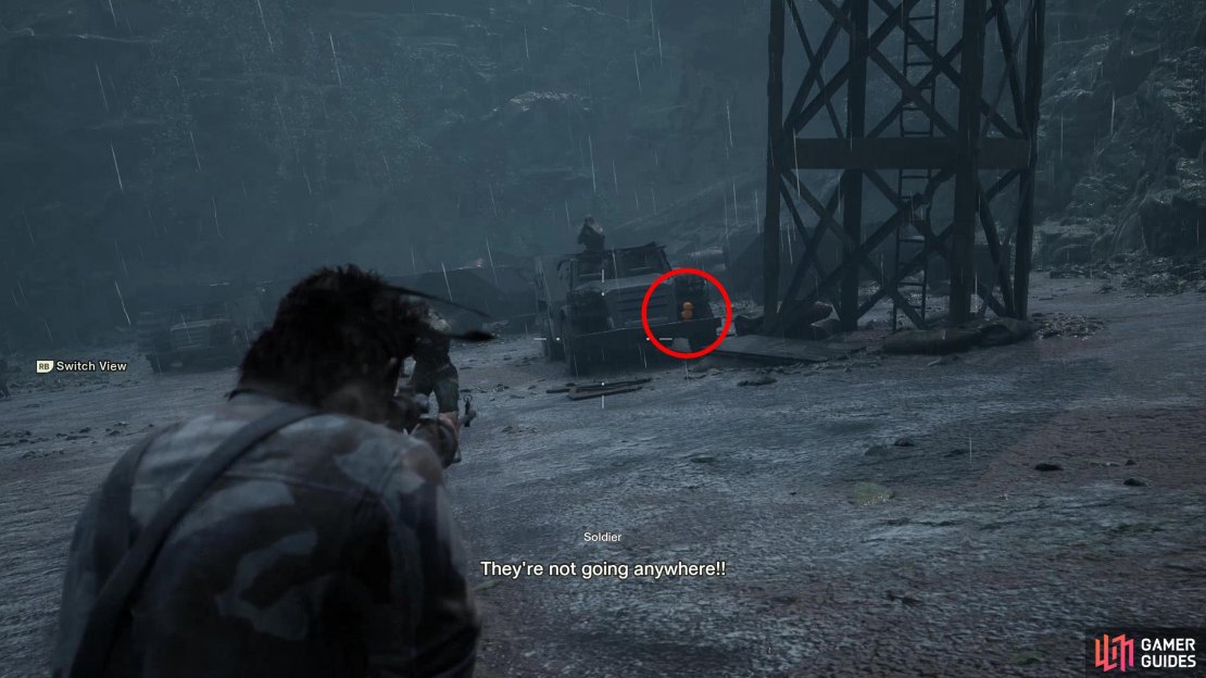 During the chase sequence in Groznyj Grad Rail Bridge North, after you pass through a tunnel, keep aiming at head to spot a watchtower that’ll come into view. This GA-KO is on the front fender of a truck parked to the left of the base of the watch tower.
