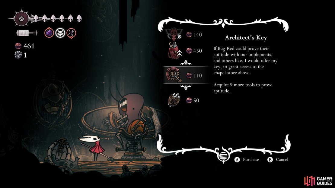 You need to access the Architect Trader and get enough Tools in your inventory before you can purchase the Architect’s Key. Image via Gamer Guides / Team Cherry.