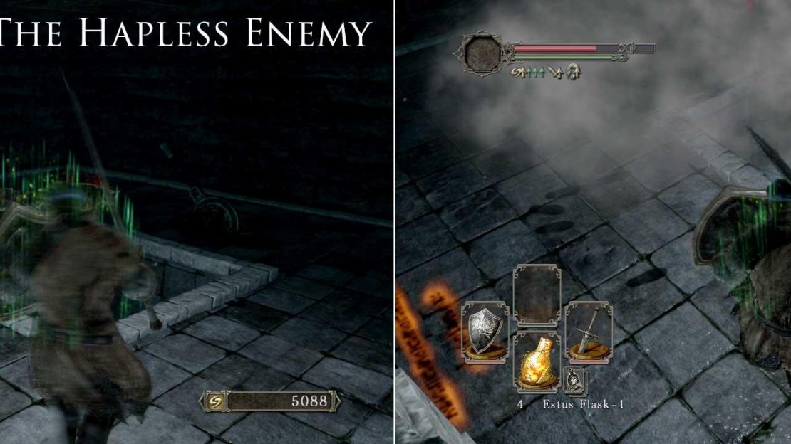 We send the elevator back up before baiting the enemies into rolling into the bottomless pits in the middle. Easy souls!