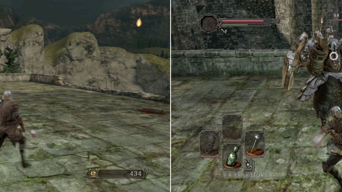 Basically, you can climb up the ladder on the walkway opposite the shortcut and standing up here for the first time will trigger the battle with the Pursuer boss dropping down into battle.