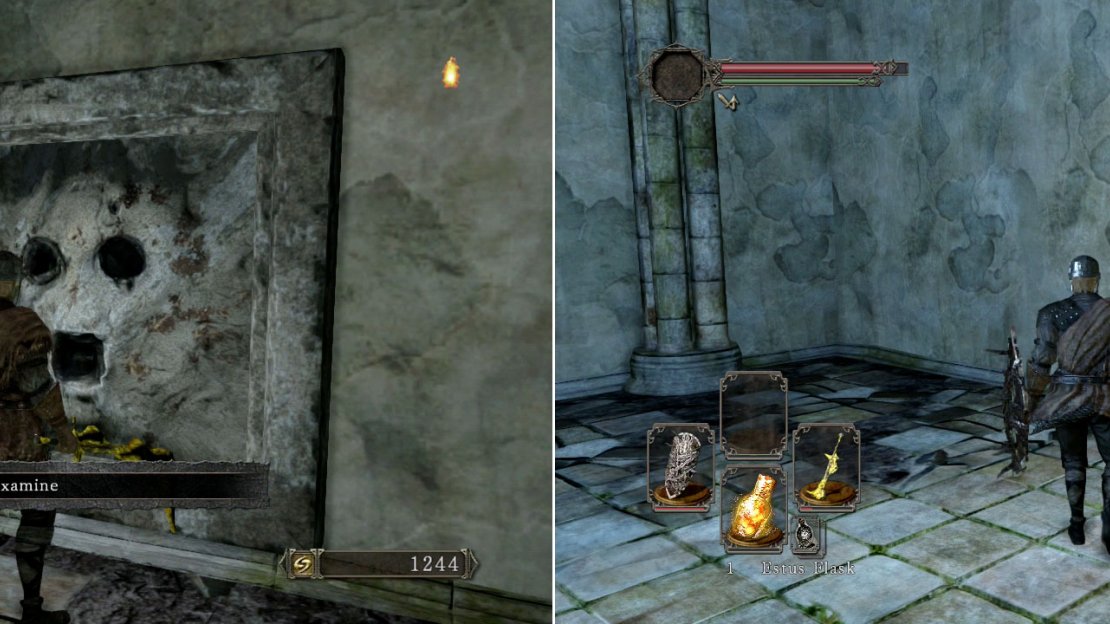 If you have a Pharros Lockstone on you then you can place it into the mouth of the statue on the wall here and it’ll reveal a hidden wall that you must strike to reveal a hidden room behind