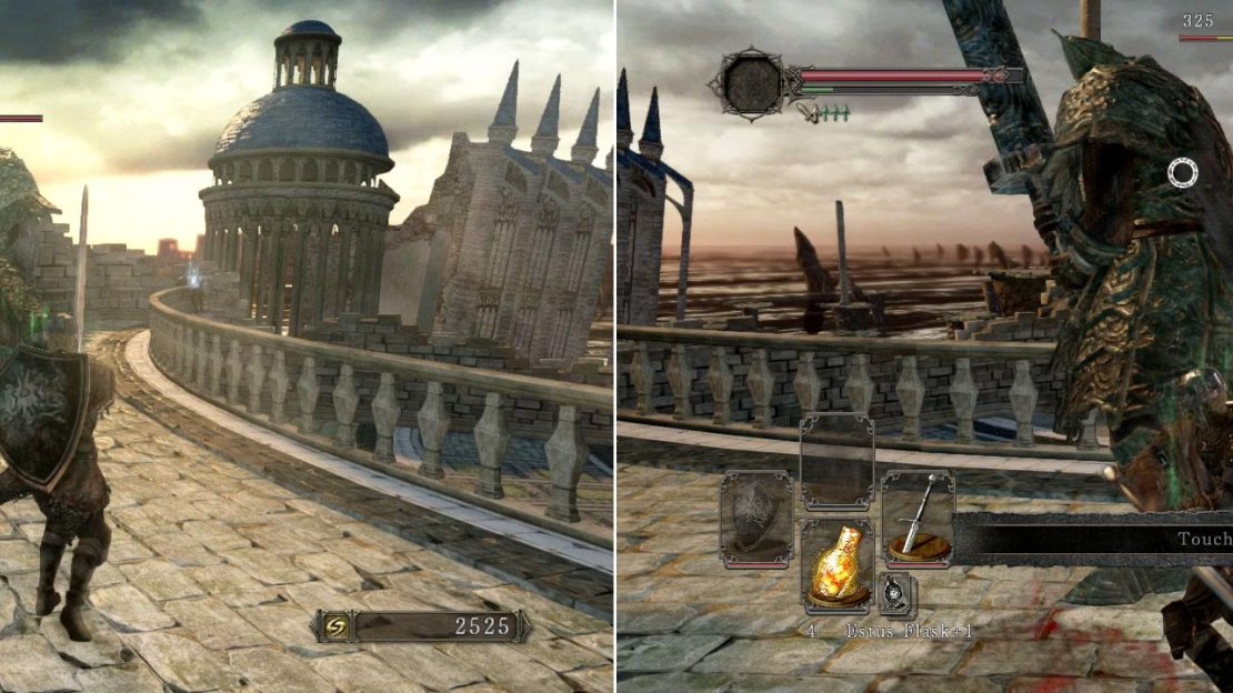 It’s wise to backtrack to the wider area where you fought the Hammer-wielding knight a bit earlier as you’ll want to roll past this knight’s attacks (and so you’ll need more space to do it in).