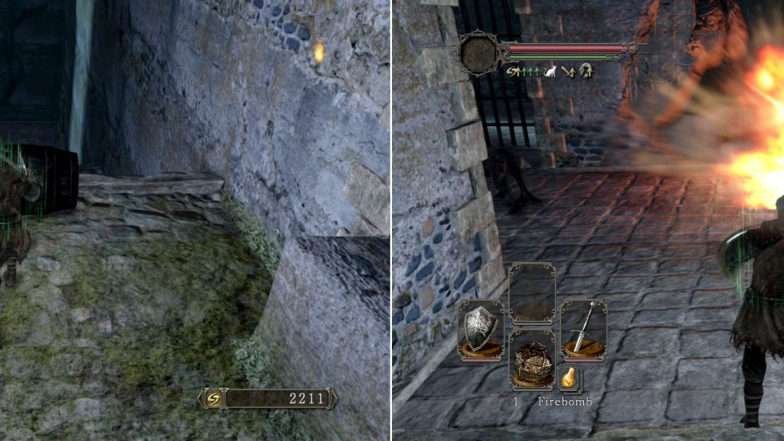 Push the barrel downstairs by walking into it. If it doesn’t explode by itself then throw an explosive firebomb at it to set it off, opening up the wall in front of you.