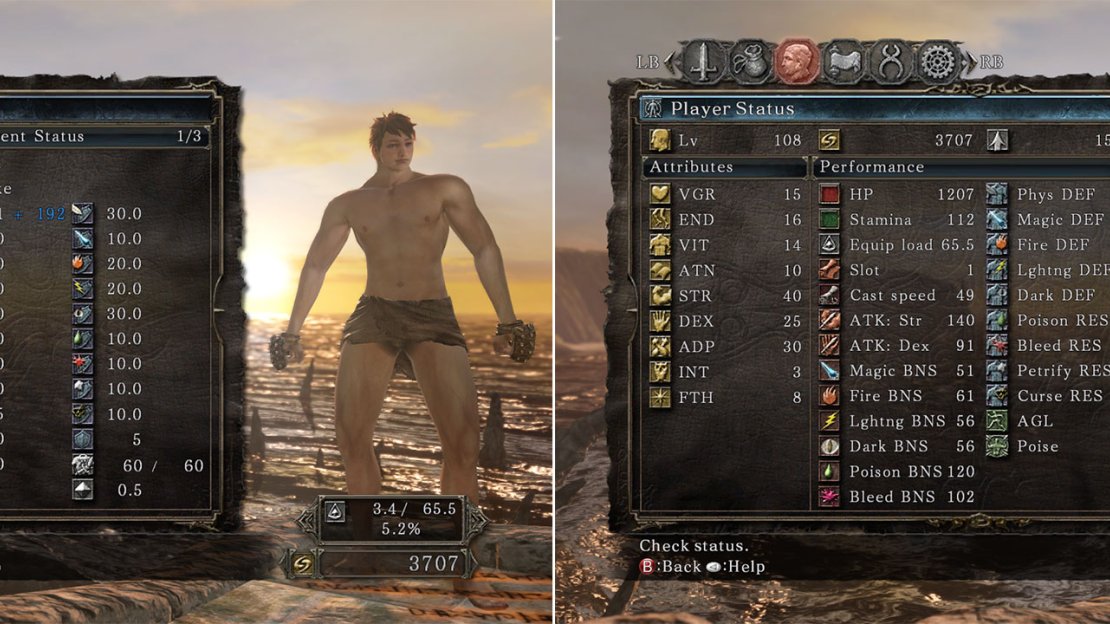 Our mid-game brass-knuckles character stats.