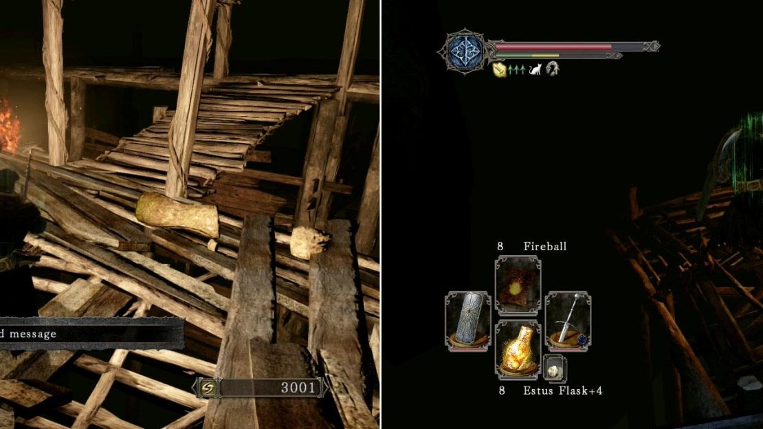 Smash the pot in the corner, turn back a bit and then perform a running jump off the edge and to the platform down below (there’ll be two undead on this new platform).