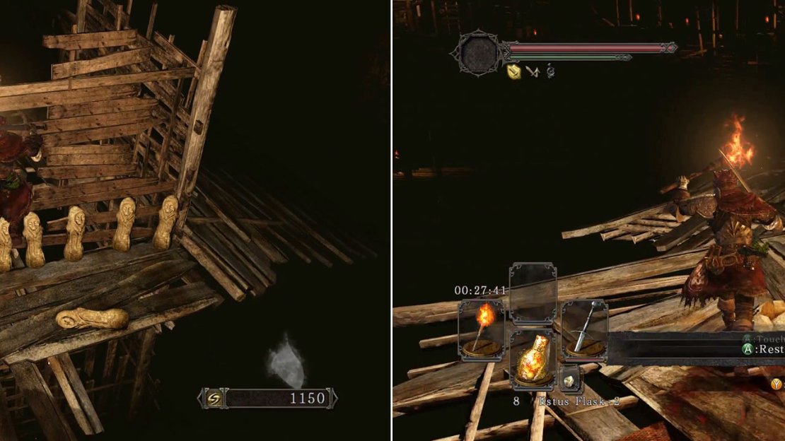 Make sure to do a running jump from the platform and then dash to the bonfire to heal. Now break open the weak wall to continue onwards.