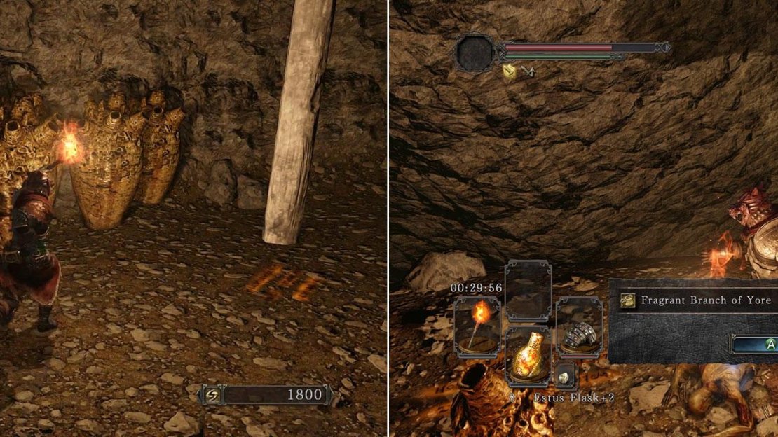 Roll through these acid-holding pots without any armor on as so not to damage them! There’s a Fragrant Branch of Yore and the entrance to the Black Gulch waiting for you on the ground at the other side.
