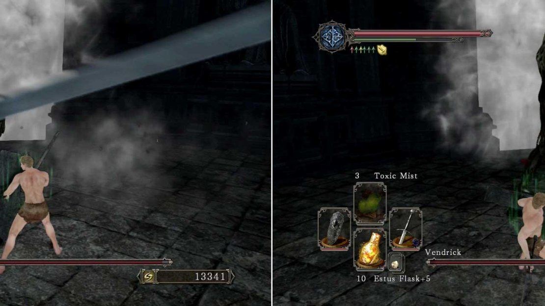 Using a massive Greatshield with loads of poise can prevent a one-hit kill; but you’ll suffer a massive loss in stamina with none left to dodge with if he attacks a second time.