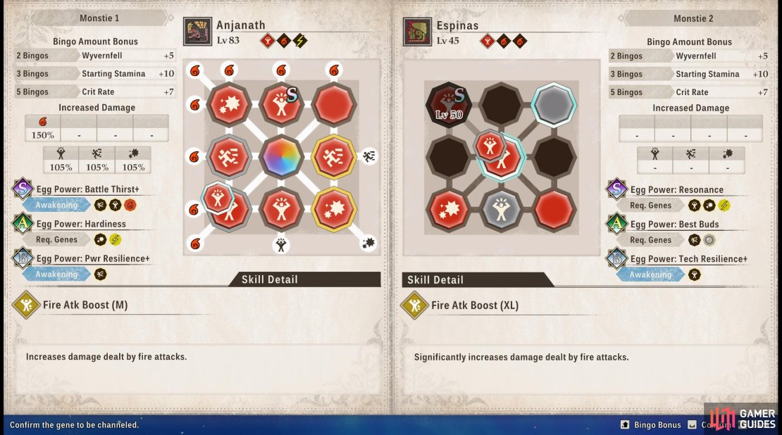 Use the Rite of Channeling to transfer genes between Monsties - in this case, an Anjanath swaps out its Fire Atk Boost (M) gene for a superior Fire Atk Boost (XL) gene!