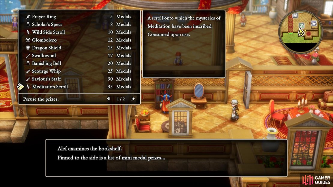 Search a bookshelf in the southeastern corner of the Citadel of the Monarch of Medals to find a list of the rewards you&rsquo;ll get for turning in Mini Medals.