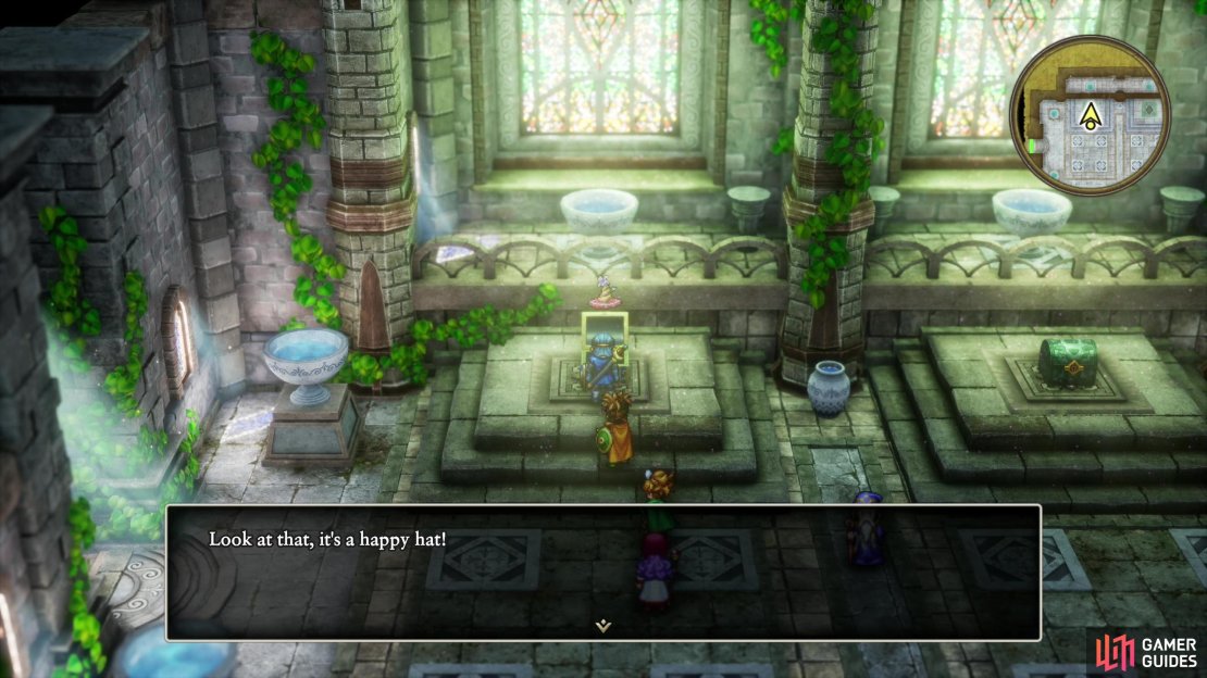 Enter a shrine building and search the westernmost chest to score a Happy Hat!