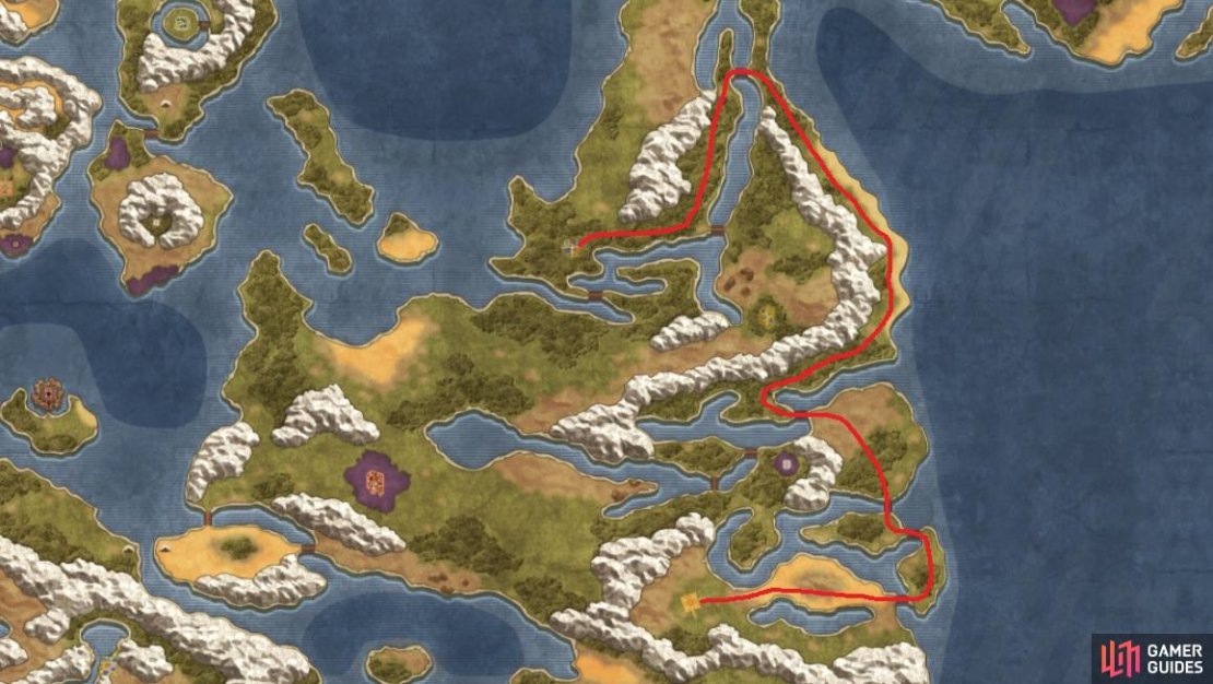 The path you need to take from Moonahan to the Pillar of the Winds dungeon.