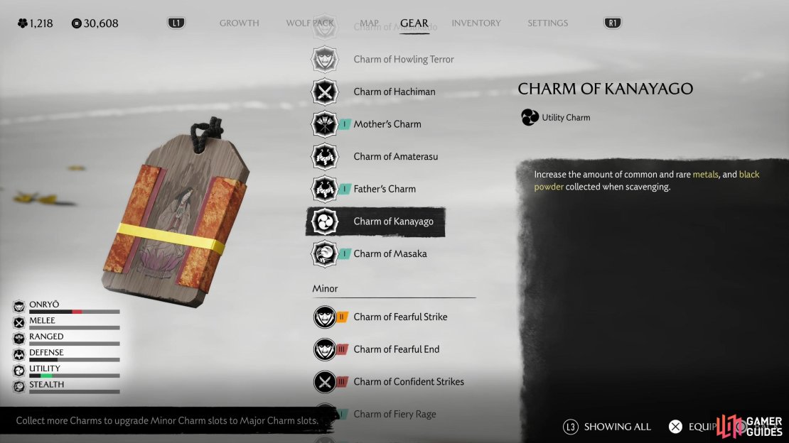 Pray at the shrine to obtain the Charm of Kanayago, which will increase the amount of metal and gunpowder you get while scavenging.